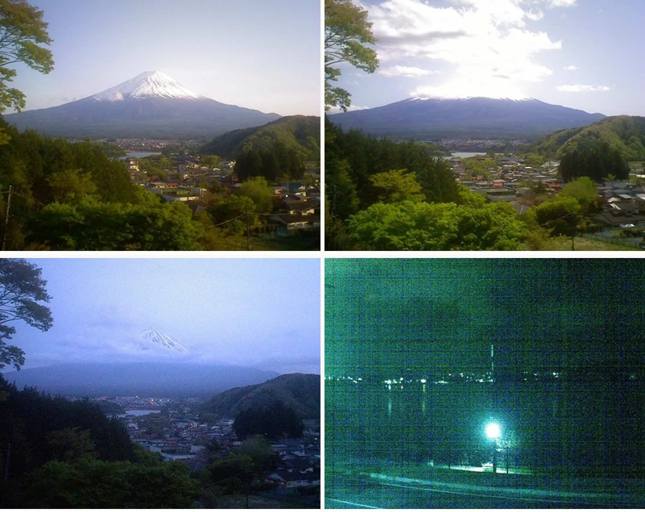 Four webcam photographs of the same Mount Fuji viewpoint under different conditions — from a clear view of the snow-capped peak to a fully obscured scene.
